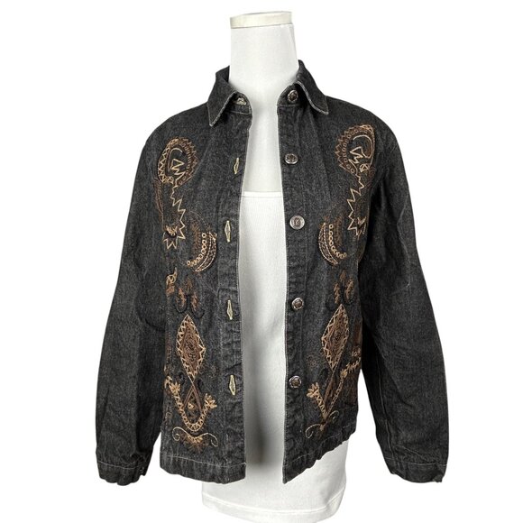 Chico's Black Denim Jacket XS 0 Embroidered Beaded Cropped Boho Western Vintage - Picture 1 of 16